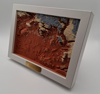 Framed topographic map of Sedona on a gray background