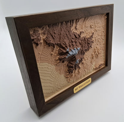 Wooden framed topographic map of a mountain with 'Mt. Wrightson' label on a white background