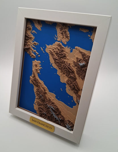 Framed topographic map of San Francisco with a blue background