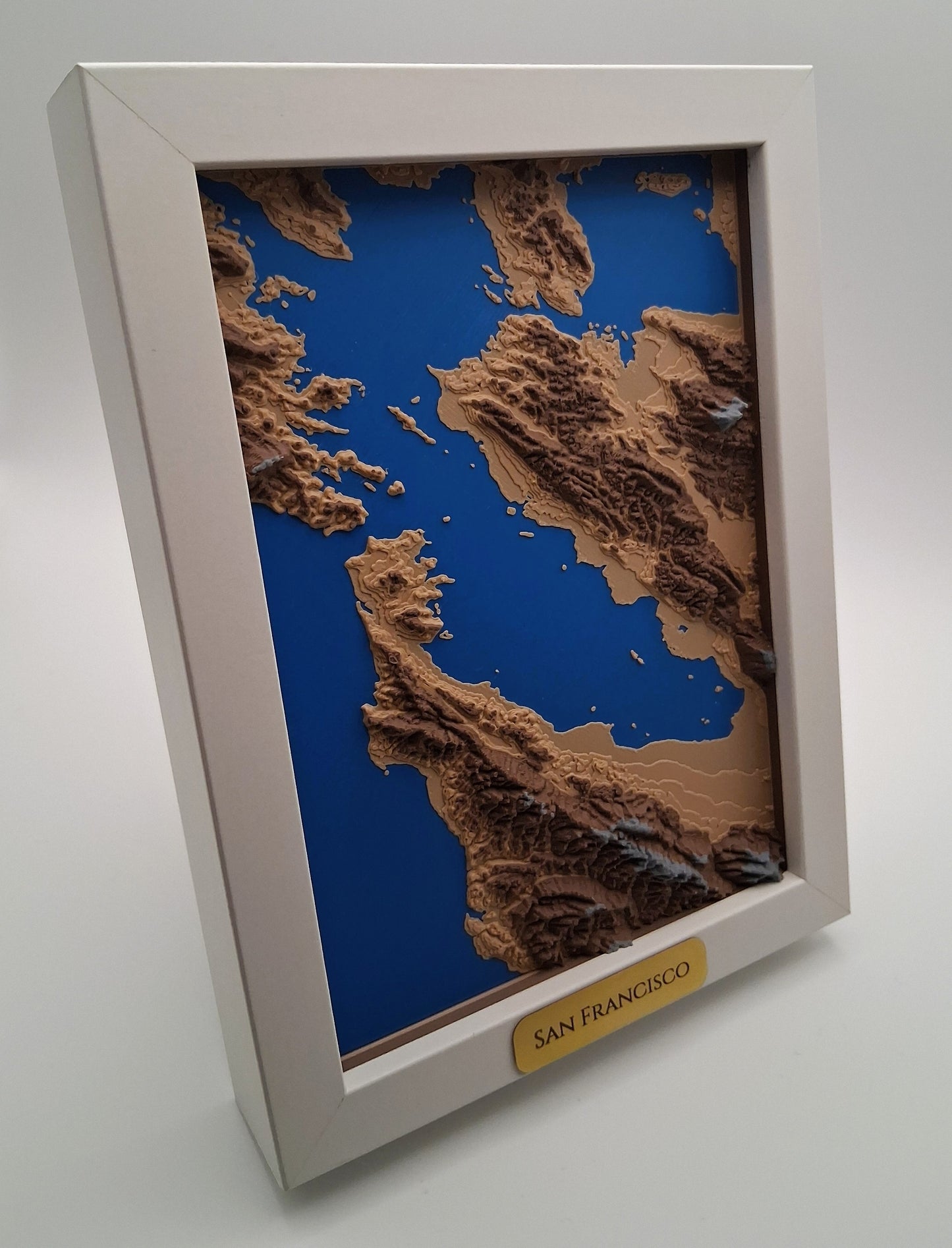Topographic map of San Francisco in a framed display with a blue background