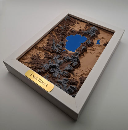 Topographic model of Lake Tahoe in a box with 'Lake Tahoe' label