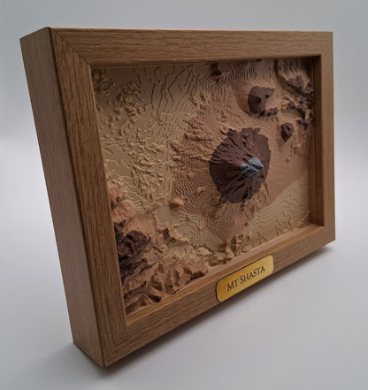 Wooden box with a textured mountain design and 'Mt Shasta' label on a white background